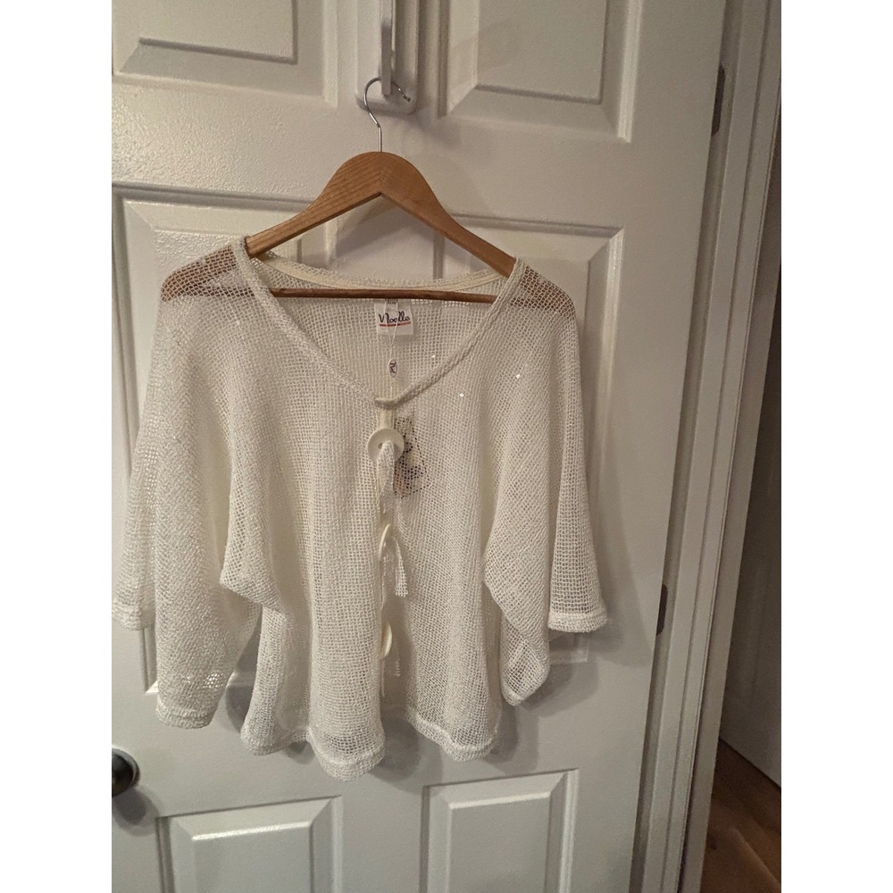 Noelle Enterprises White Sequin Open Knit Cardigan One Size Mesh Button Front